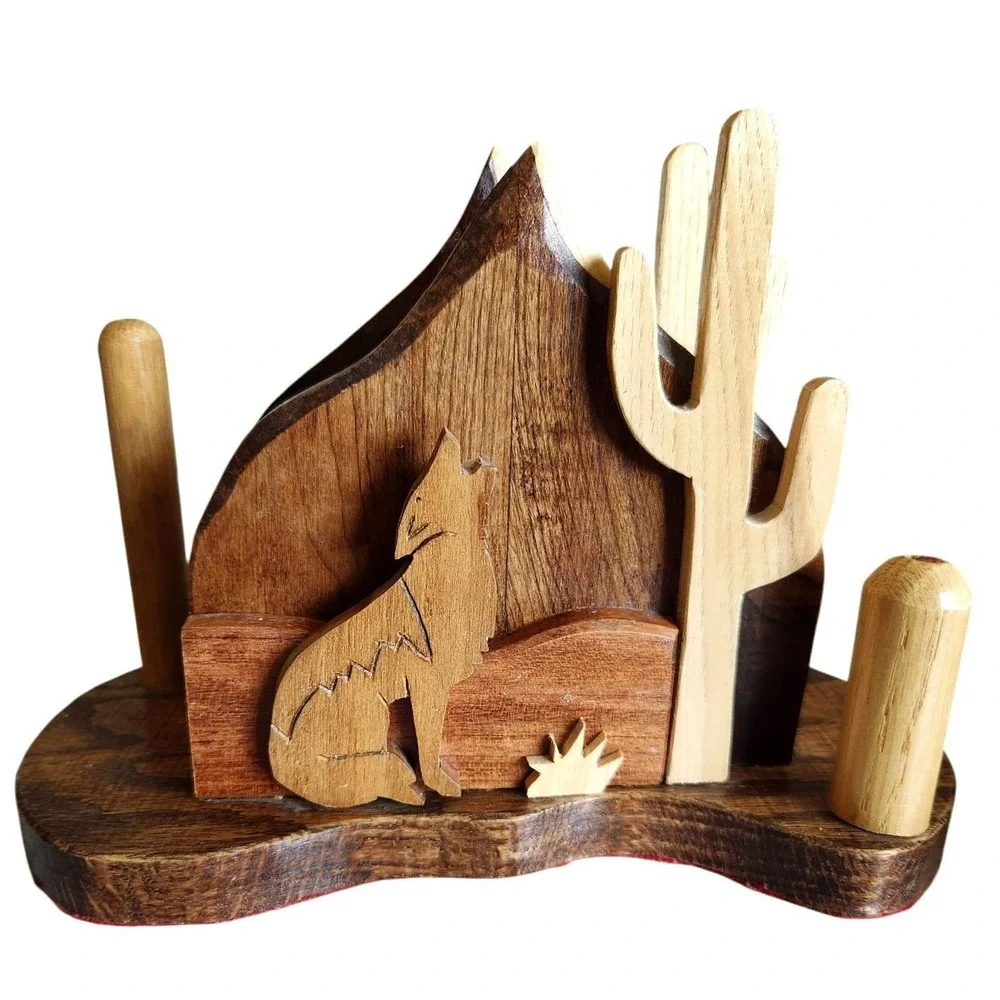 Vintage Hand-carved Wooden Napkin Towel Holder Wolf Wolves Cactus Cabin Hunting